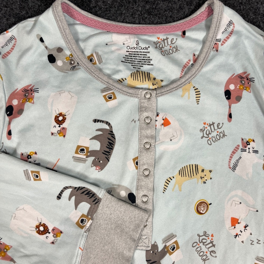 Cuddl Duds Womens Pajama Set Blue Latte O'Clock Cat Print Henley Joggers SZ S